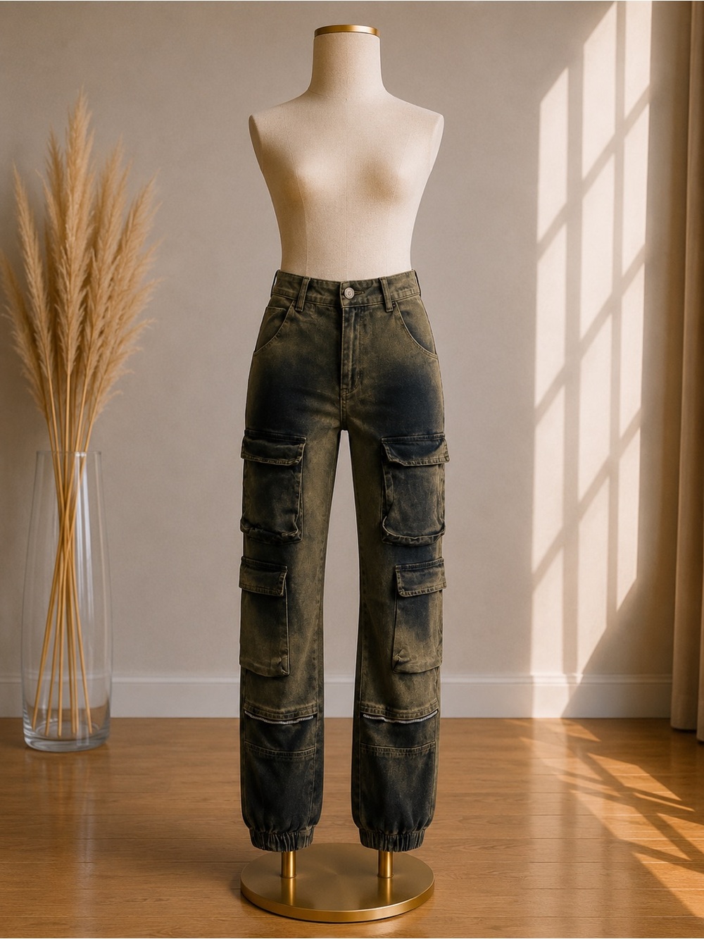 High-Waist Cargo Jogger Pants in Washed Olive